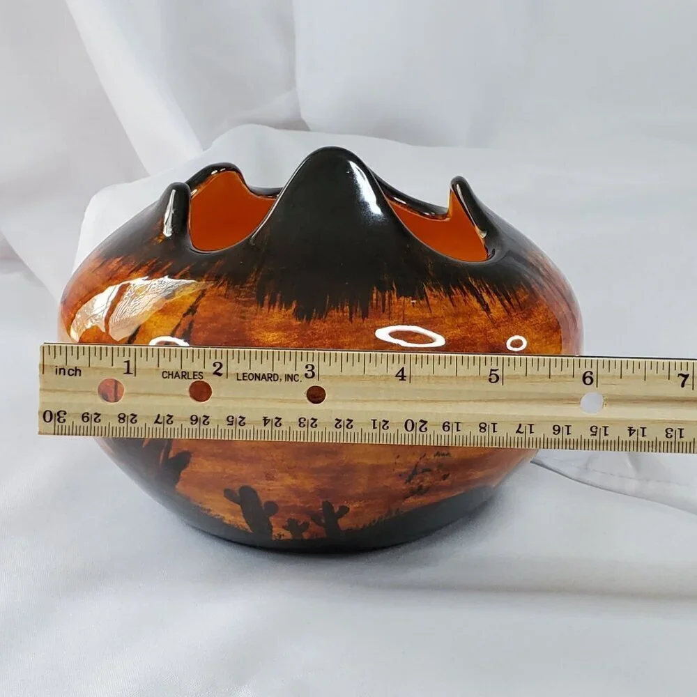 Vintage 1980s Art Pottery Planter Desert Landscape & Palm Tree Design Signed